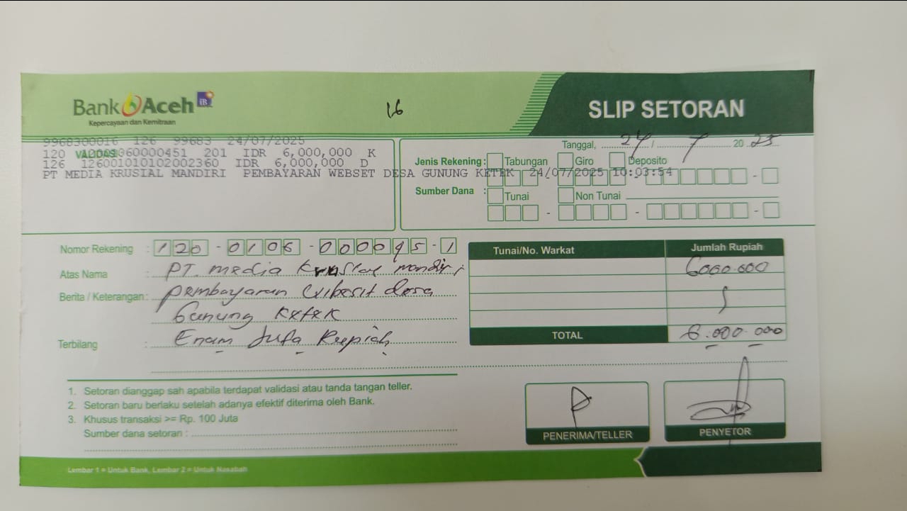 Bukti Transfer Salahsatu Gampong Di Kecamatan Samadua Kepada PT. Media Krusial Mandiri.